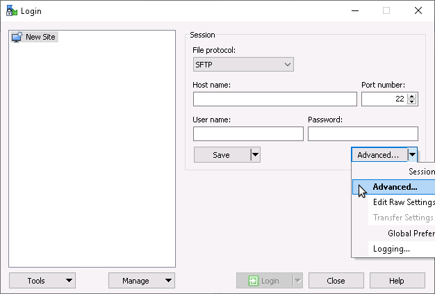 WinSCP new session WinSCP new session